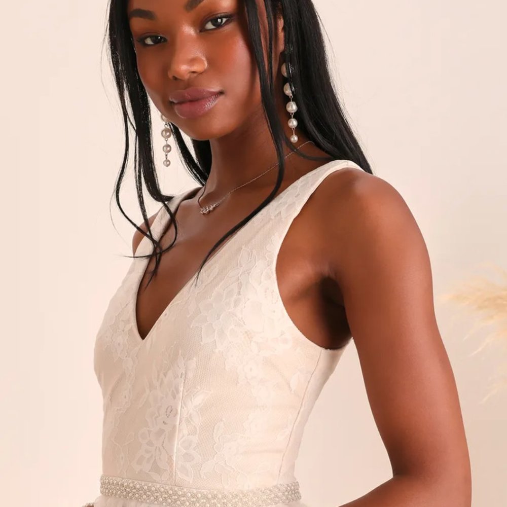 Lulu's Sweet Love Ivory Lace Beaded Maxi Dress